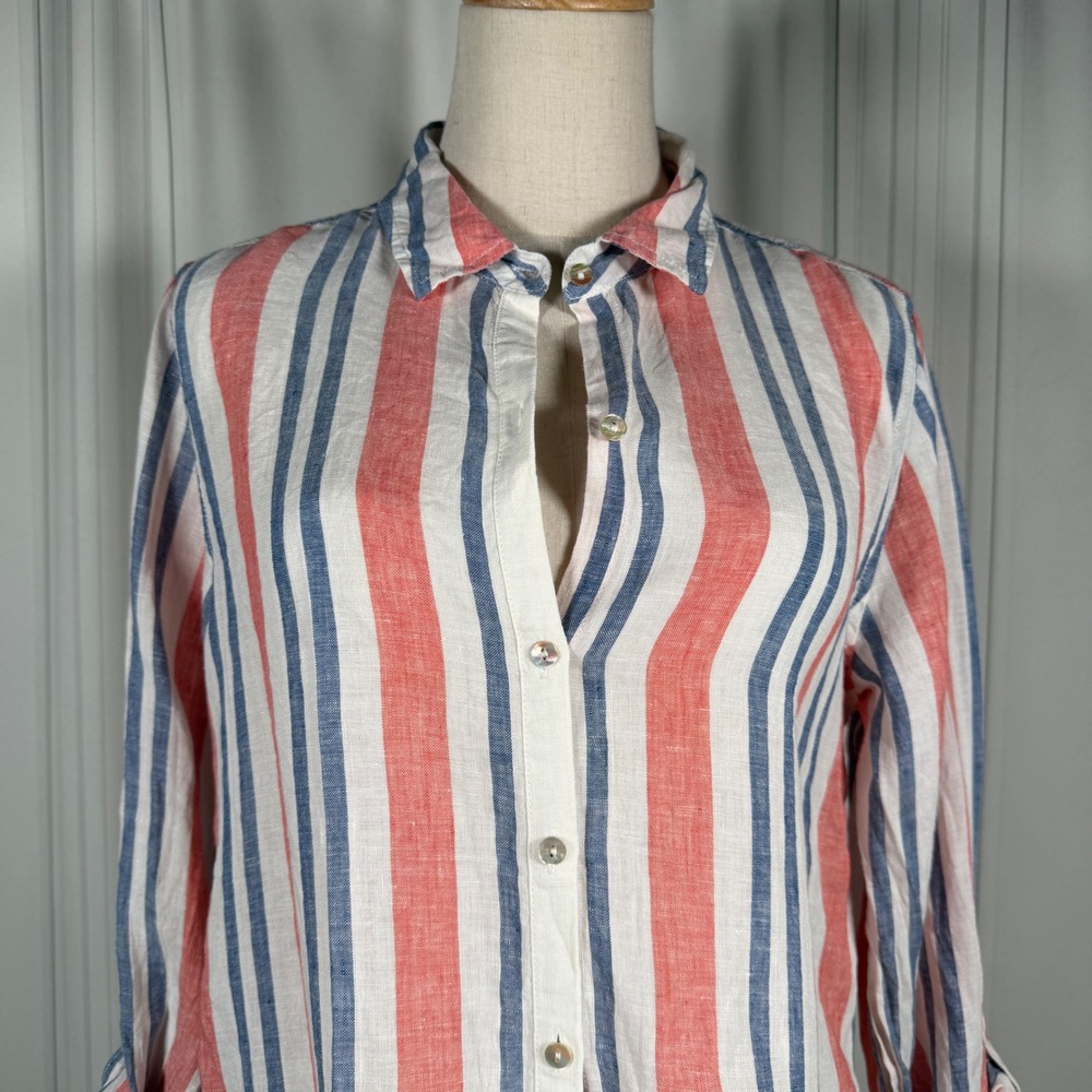 Artisan NY 100% Linen Striped Button-Down Shirt Dress Muted Coastal Tunic-Medium - Picture 2 of 13
